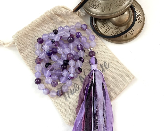 Crown Chakra Mala Bead Necklace - Purple Mala Beads - Hand Knotted Mala With 108 Beads - Sari Silk Tassel - Chakra Mala - Meditation Beads