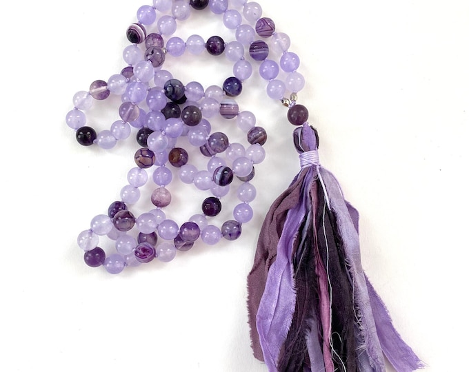 Crown Chakra Mala Necklace - Chakra Healing Mala Beads - Mala For Higher Consciousness - Mixed Purple Gemstone Beads - Sari Silk Tassel