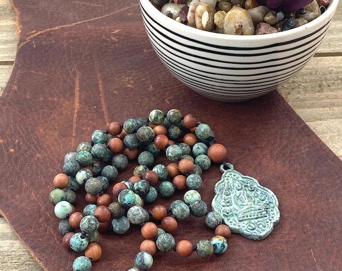Positive Change Mala Beads - African Turquoise Buddha Pendant Mala - Hand-Knotted 108 Bead Meditation Mala