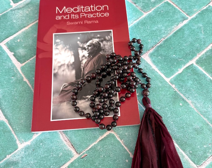Garnet Mala Necklace - 108 Bead Hand Knotted Mala with Sari Silk Tassel - Deep Red Gemstone Mediation Necklace