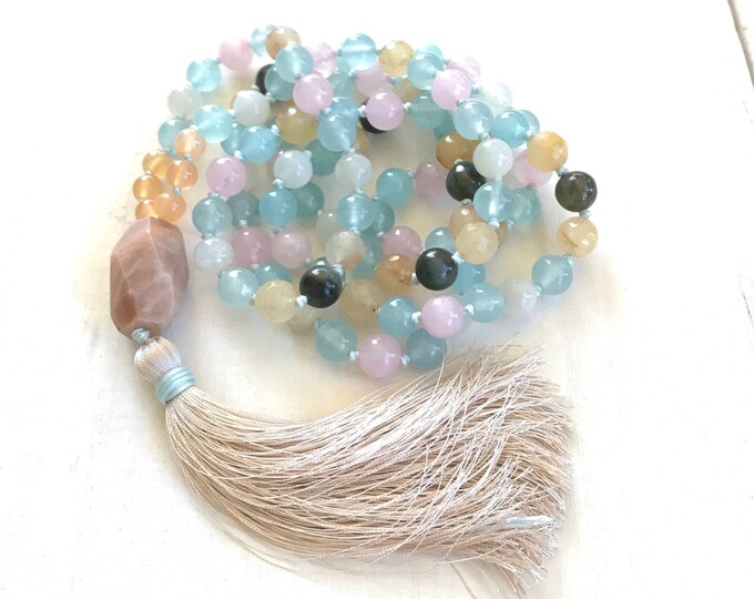 Mala For Fertility - Moonstone Mala Necklace - Jade - Chrysoprase - Carnelian - Rose Quartz  - 108 Bead Mala - Mala For New Moms