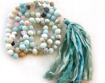 Mala para calmar la mente - 108 cuentas anudadas a mano - Cuentas de meditación de yoga - Collar de mala para la paz - Mala de atención plena