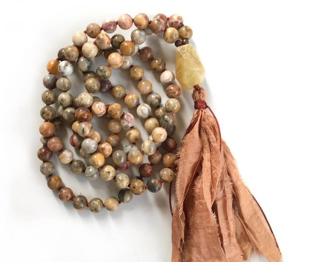 Mala For Joy - Yellow Opal Mala Necklace - 108 Mala Beads - Crazy Lace Agate - Sari Silk Tassel - Meditation Mala Beads