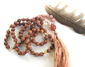Mala For Happiness - Sunstone & Moonstone Mala Beads - Sandalwood Mala Necklace - Carnelian Guru Bead - Citrine Beads - 108 Beads Mala