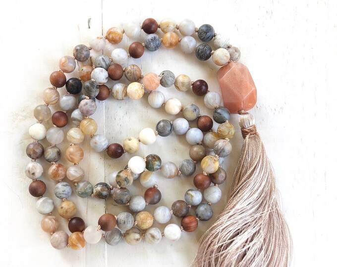 Inner Power Mala Beads - Bamboo Leaf Jasper Mala Necklace - Hand Knotted Mala Beads - Sunstone Guru Bead - 108 Mala Beads - Silk Tassel