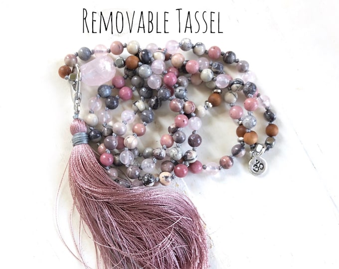 Open Your Heart Mala Beads - Wrist Wrap Mala Beads - Rhodonite - Porcelain - Jasper - Rose Quartz - Removable Tassel - 108 Bead Mala