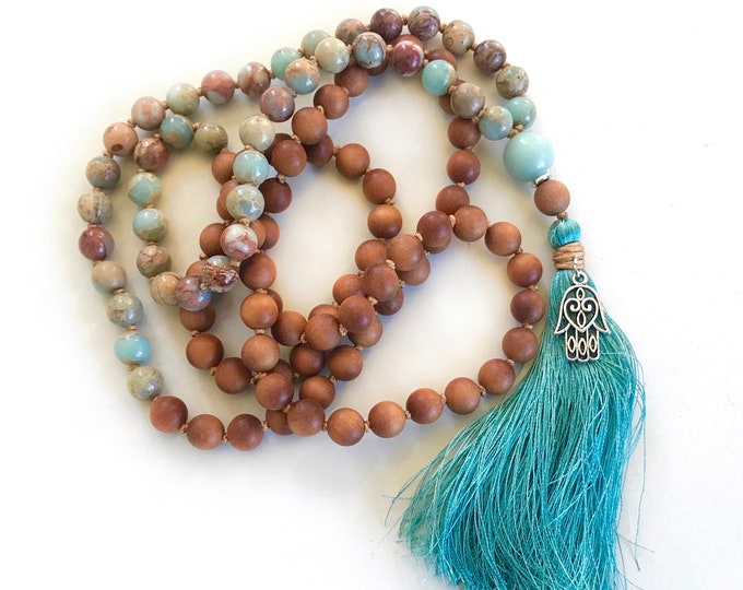 Positive Vibrations Mala Beads - Sandalwood Mala Necklace - African Opal Mala Beads - Mala Beads 108 - Silk Tassel Mala Beads