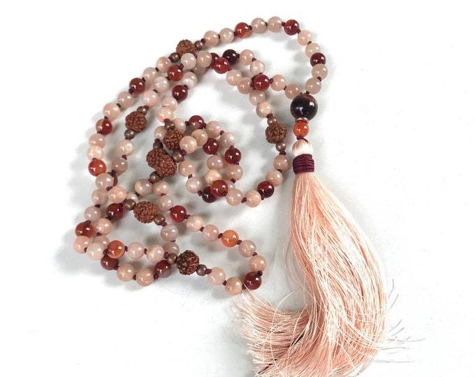 Enjoyment Of Life Mala Beads -  Sunstone Mala Necklace - Rudraksha Mala Beads - Red Tiger Eye - 108 Beads -  Silk Tassel Mala