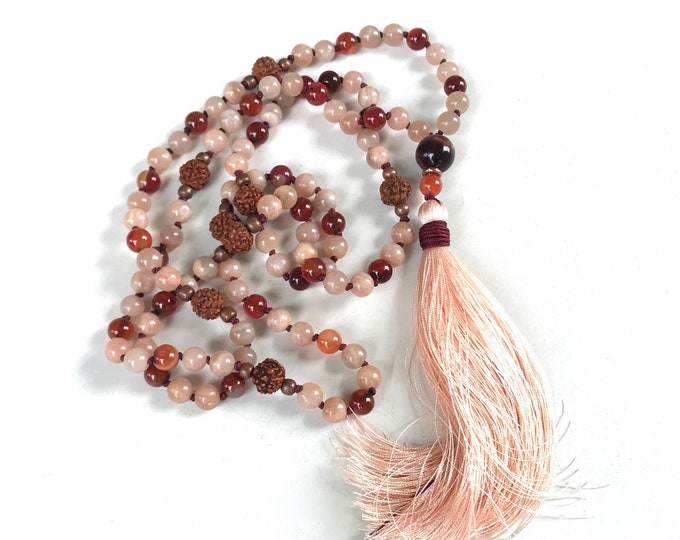 ENJOYMENT OF LIFE - Mala Beads -  Sunstone Mala Necklace - Rudraksha Mala Beads - Red Tiger Eye - 108 Beads -  Silk Tassel Mala