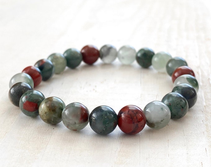 BLOODSTONE - Remove Energy Blocks - Mala Bead Bracelet - Natural Healing Stones - Stretch Bracelet - Stacking Jewelry - Yoga Beads