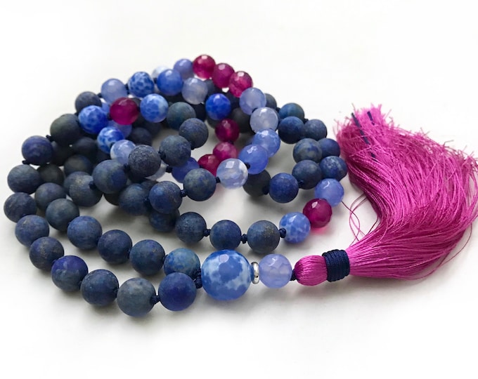 Friendship Mala Beads - Lapis Lazuli Mala Necklace - Fire Agate Beads - 108 Bead Mala - Prayer Beads - Yoga Meditation Beads