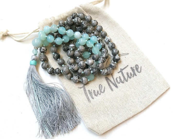 Mala For Strength - Jasper Mala Beads - Amazonite Mala Necklace - Silk Tassel Mala - Heart & Throat Chakra Healing - Meditation Beads