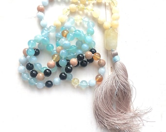 Sunset Gemstone Mala Necklace - Hand Knotted 108 beads - Tassel
