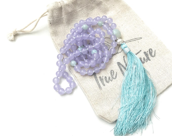 Purple Jade Mala Beads - Hope and Happiness Mala Necklace - Amazonite Guru Bead  - 108 Bead Mala - Knotted Between Each Bead