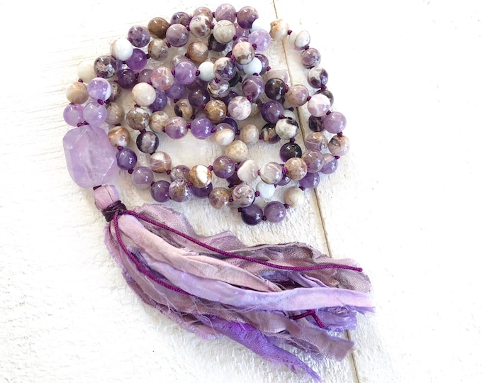 Calm The Mind Mala Beads - Flower Amethyst Mala Necklace - Aquamarine Beads - Hand Knotted - 108 Mala Beads - Sari Silk Tassel