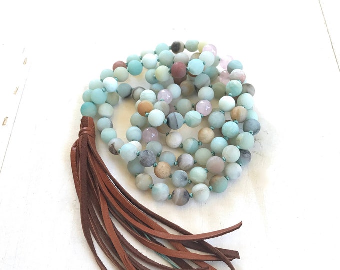 Balance The Emotions Mala Necklace - Amazonite Mala Beads - Leather Tassel Mala - 108 Bead Mala Necklace - Prayer Beads -  Hand Knotted