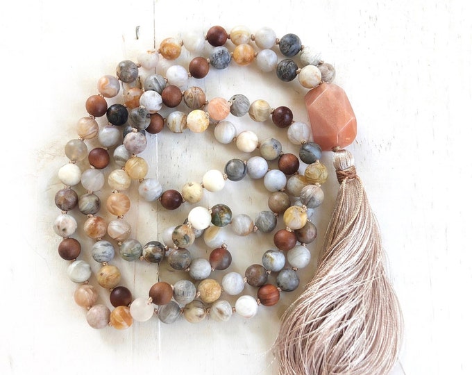 Inner Power Mala Beads - Bamboo Leaf Jasper Mala Necklace - Hand Knotted Mala Beads - Sunstone Guru Bead - 108 Mala Beads - Silk Tassel