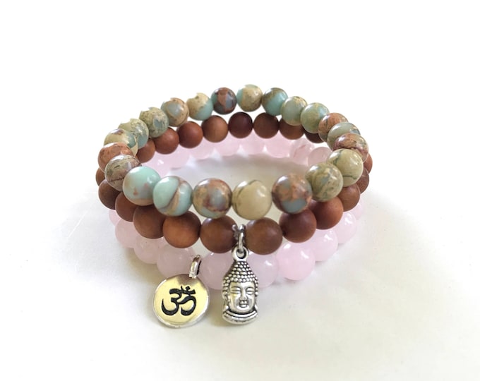 African Opal, Sandalwood and Rose Quartz Bracelet, Yoga Bracelets, Bracelets With Matching Mala Beads, Gemstone and Wood Stretch Bracelet