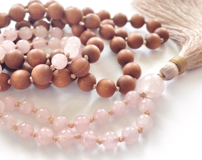 Mala For Peace - Rose Quartz and Sandalwood Mala Necklace - 108 Bead Mala - Knotted Tassel Mala - Mala For Meditation - Fragrant Mala