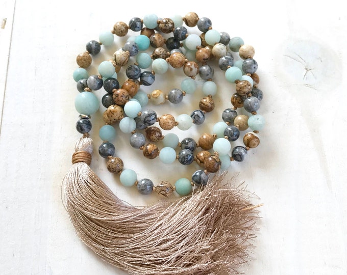 Mala For Joy - Labradorite Beads -  Amazonite and Jasper Mala Necklace - Heart And Throat Chakra Mala - 108 Beads Mala - Hand Knotted