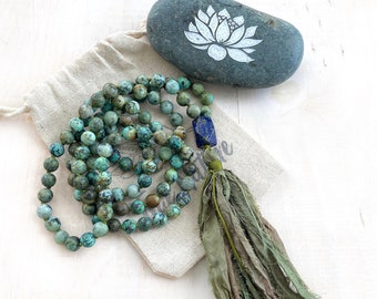 New Possibilities Mala - African Turquoise Mala Necklace  - Lapis Lazuli Guru Bead - Sari Silk Tassel - Hand Knotted