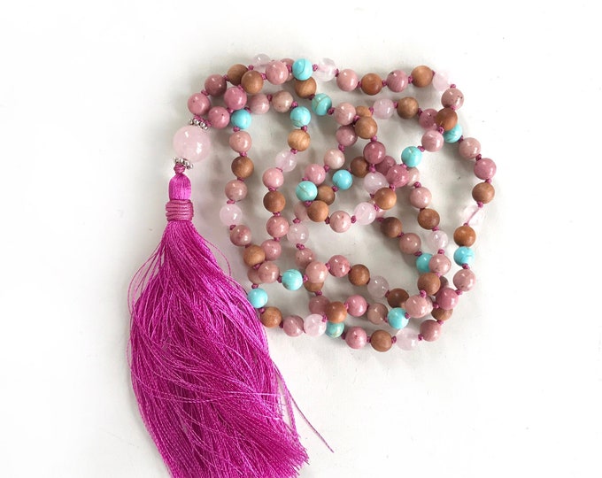 Mala For Love - Rhodonite Mala Necklace - Rose Quartz & Sandalwood - Howlite Beads - 108 Bead Mala Necklace - Meditation Mala - Hand Knotted