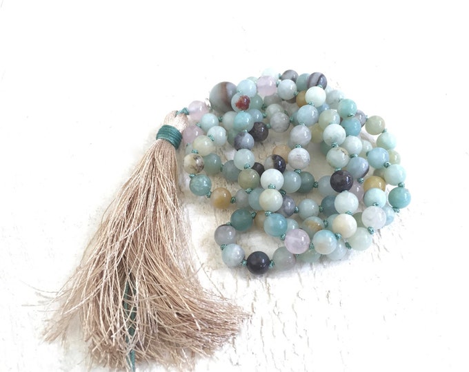 Calming Mala Beads - Amazonite and Rose Quartz Mala Necklace - 108 Bead Mala - Hand Knotted - Mala For Meditation Practice - Yogi Gifts