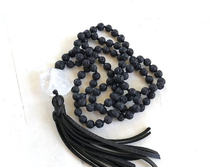 Root Chakra Mala - Black Lava Mala Necklace - Leather Tassel - 108 Bead Mala - Mala For Grounding - Hand Knotted - Meditation Beads