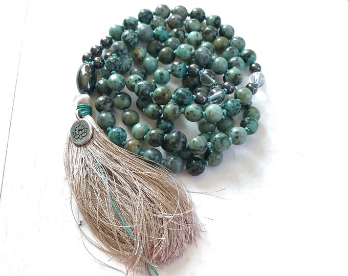 Growth & Balance Meditation Mala - Hand Knotted With 108 Beads - African Turquoise, Hematite Beads - Long Tassel Necklace - Boho Mala Beads