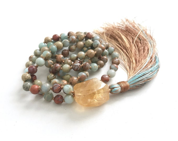 New Beginnings Mala - Citrine Mala Beads - African Opal Mala Necklace - 108 Beads - Yoga Meditation Beads - Mantra Mala - Silk Tassel