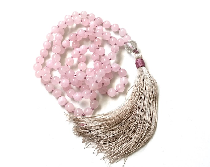 Inner Peace Mala Beads - Rose Quartz Mala Necklace  - Hand Knotted - Mala Beads For Love - 108 Bead Mala - Quartz Guru Bead - Pink Japa Mala