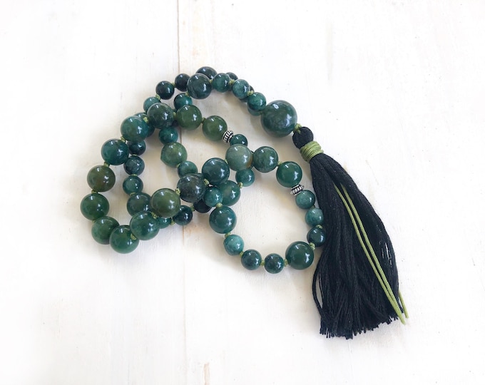 Pocket Mala Beads - Moss Agate Mini Mala - 54 Bead Mala - Hand Knotted - Mala For Travel - Sari Silk Tassel