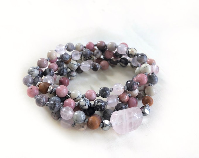 Open Your Heart Mala Beads - Wrist Wrap Mala - Rhodonite - Porcelain Jasper - Rose Quartz - Removable Tassel - 108 Bead Mala