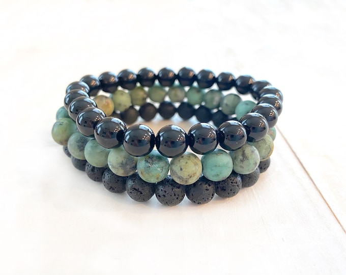 Black Onyx - Black Lava - African Turquoise - Bracelet Stack - Stretch Bracelets - Mala Beads - Gift For Her - Match Your Mala Bracelet
