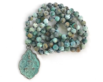 Positive Change Mala - African Turquoise Mala Beads - Buddha Pendan Mala Necklace  - 108 Beads Mala - Third Eye Chakra Healing