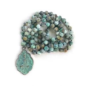 Positive Change Mala - African Turquoise Mala Beads - Buddha Pendan Mala Necklace  - 108 Beads Mala - Third Eye Chakra Healing
