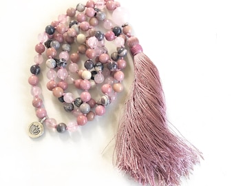 Mala Beads For Self Love: Rhodonite & Porcelain Jasper Mala Necklace - 108 Beads - Hand Knotted - Yoga Meditation Beads - Pink Mala Beads