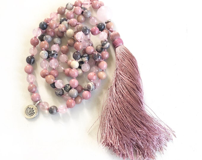 Mala Beads For Self Love: Rhodonite & Porcelain Jasper Mala Necklace - 108 Beads - Hand Knotted - Yoga Meditation Beads - Pink Mala Beads