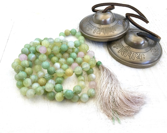 Green Agate Mala Necklace - 108 Bead Mala - Rose Quartz - Mala For Inner Peace - Silk Tassel - Prayer Beads -Mala For Emotional Acceptance