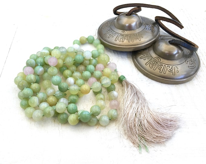 Emotional Acceptance Mala - Green Agate Mala Necklace - 108 Bead Mala - Rose Quartz - Mala For Inner Peace - Silk Tassel - Prayer Beads