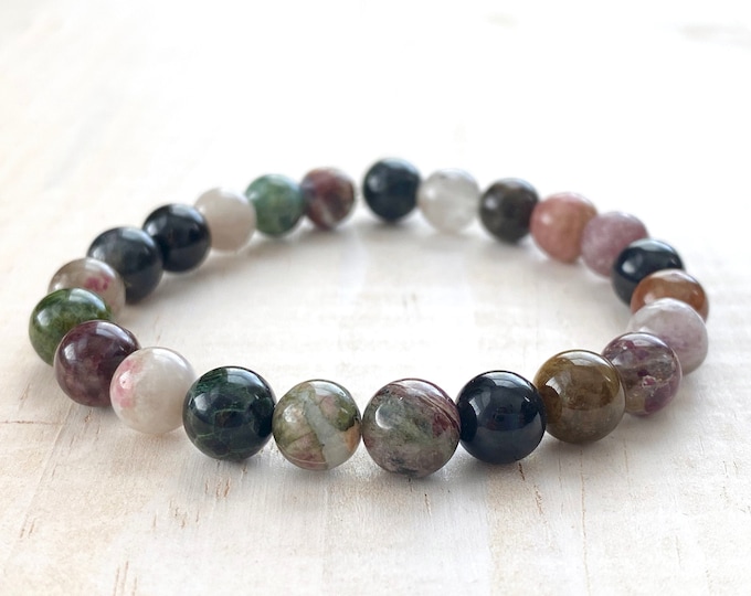 WATERMELON TOURMALINE - Heart Chakra Stone - Encourages Patience - Nature Healing - Stacking Bracelet - Stretch Bracelet - Mala Beads