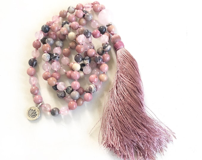 Mala For Universal Love - Rhodonite and Porcelain Jasper Mala Necklace - Rose Quartz Mala Beads - 108 Bead Mala - Hand Knotted - Yoga Gift