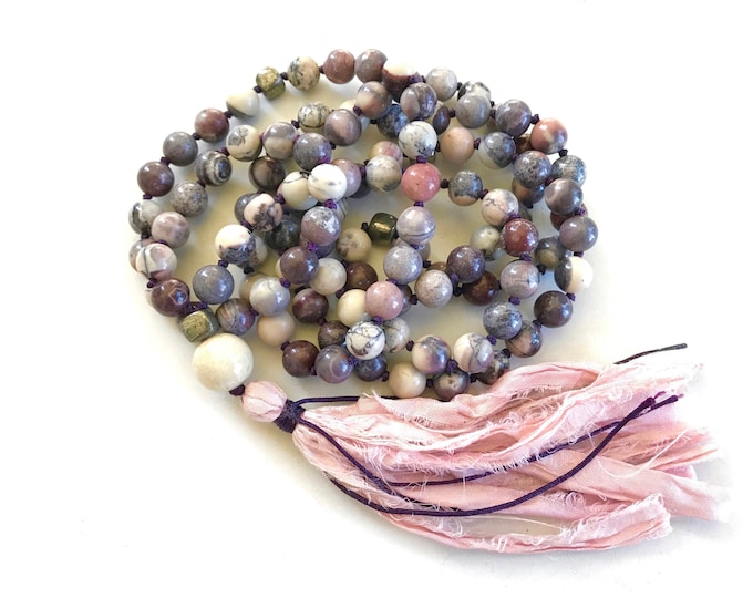 Calm & Stability Mala Beads - Porcelain Jasper Mala Necklace - 108 Beads Mala - Natural Healing - Sari Silk Tassel - Japa Mala