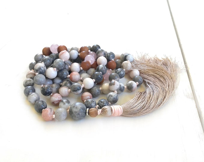 Release Your Fears Mala Beads - Pink Zebra Jasper Mala -  Rose Quartz & Sandalwood Beads - 108 Bead Mala Necklace - Mala For Meditation