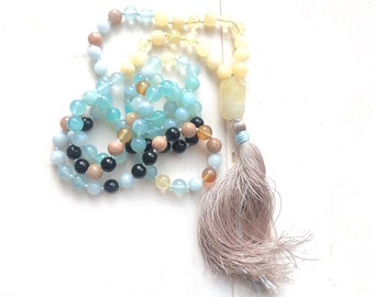 Summer Spirit Mala - 108 Bead Mala Necklace - Aquamarine - Sunstone - Black Tourmaline - Citrine - Jade - Carnelian - Silk Tassel