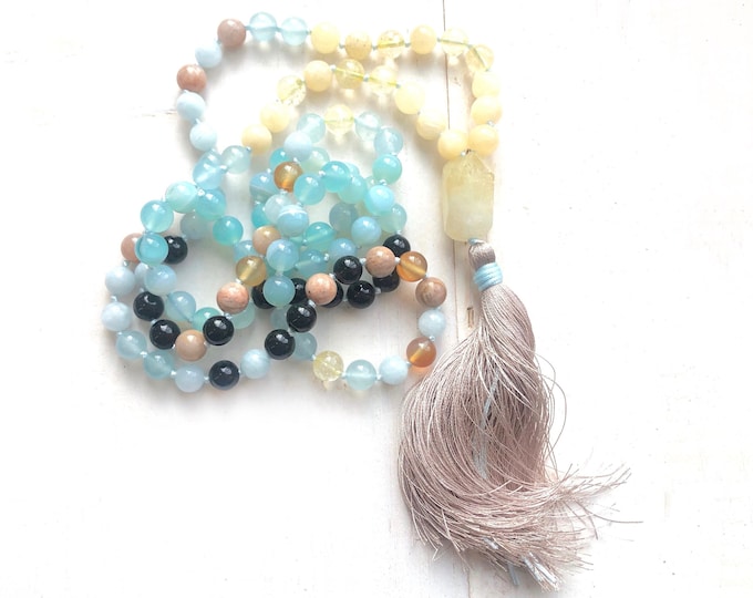 Summer Spirit Mala - 108 Bead Mala Necklace - Aquamarine - Sunstone - Black Tourmaline - Citrine - Tassel Mala - Hand Knotted Mala