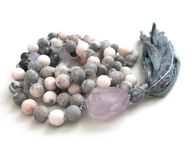 Calm Your Mind Mala Beads - Pink Zebra Jasper - Labradorite Mala Necklace - 108 Mala Bead - Amethyst Guru Bead - Sari Silk Tassel