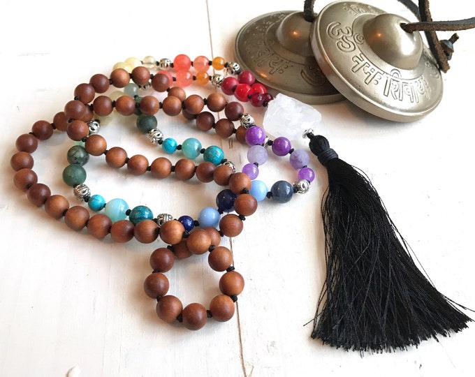 Balance The Chakras Mala Beads - Sandalwood Mala Necklace - Seven Chakra Colors - 108 Bead Mala - Wood & Stone Mala - Meditation Mala