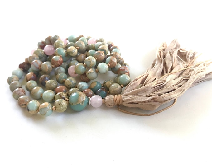 Reblance The Chakras Mala - African Opal Mala Beads -  Rose Quartz Accent Beads  - Sari Silk Tassel - 108 Mala Beads - Hand Knotted