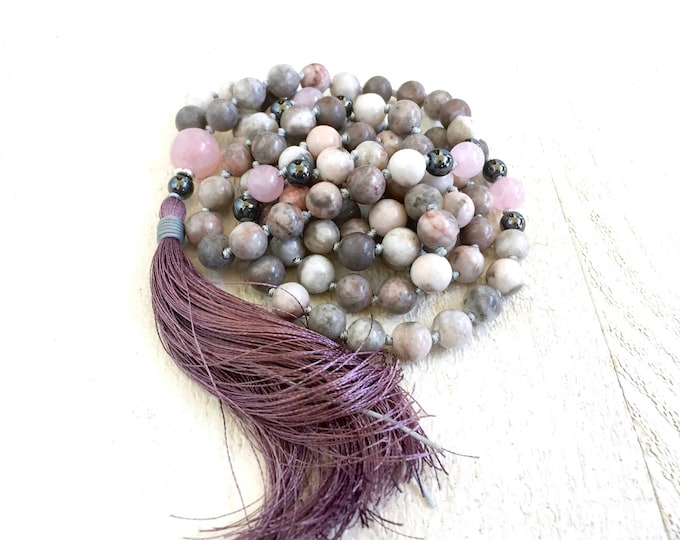 Balance The Emotions Mala Necklace - Pink Zebra Jasper Mala Beads - Hematite & Rose Quartz Beads - Silk Tassel Mala - 108 Beads